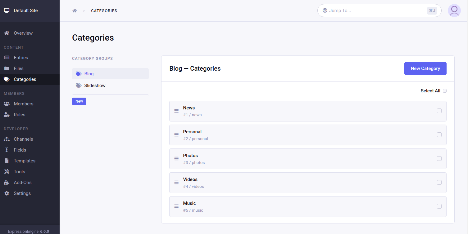 Category Manager Control Panel Page