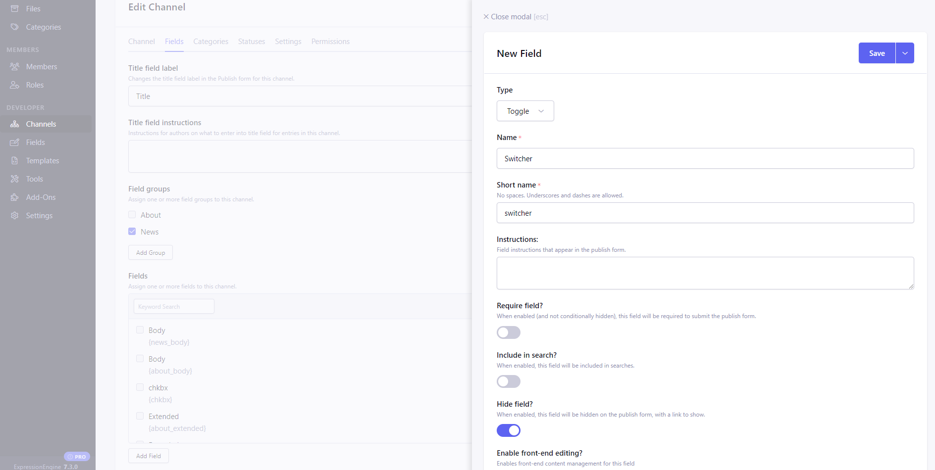 Channel Preferences - Add New Field