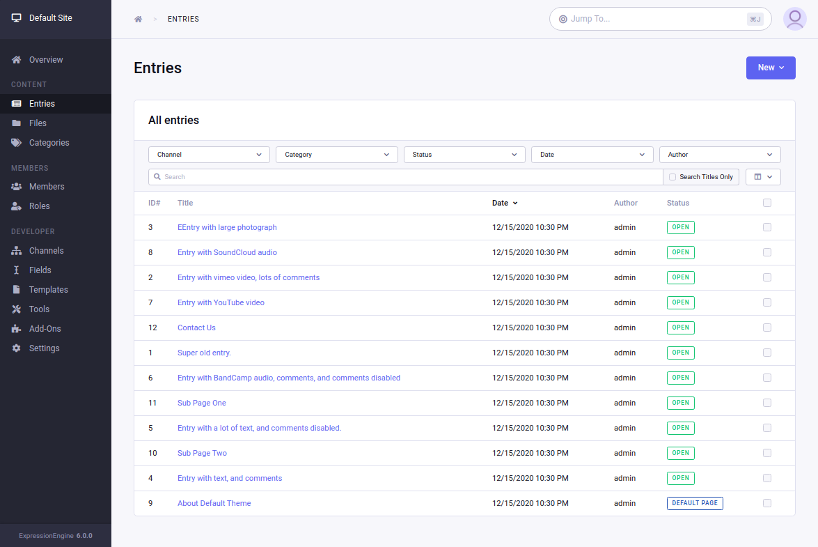 Entry Manager Control Panel Page