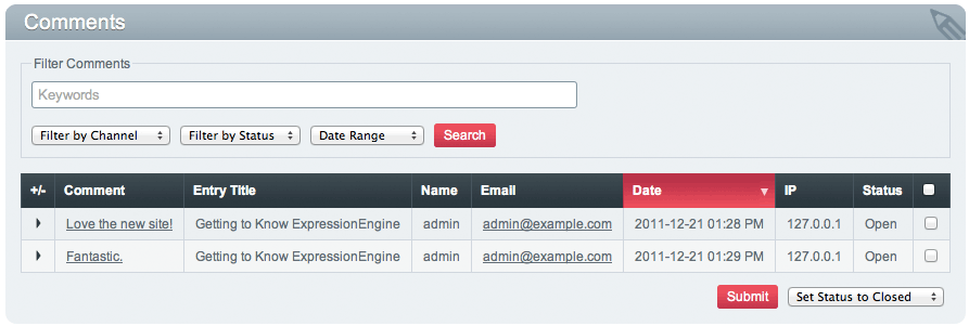 Comment Control Panel