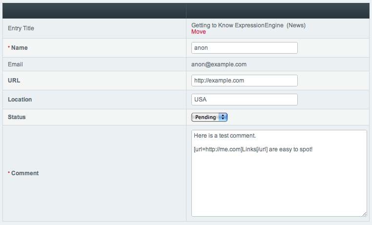 Comment Edit Control Panel