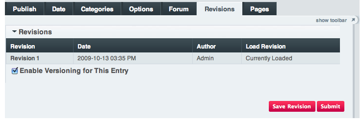 Publish Revisions Tab