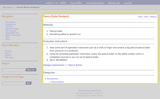 The Wiki Article template determines the visual display of articles as highlighted below.
