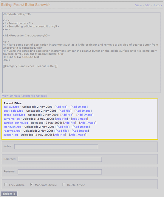Dislays the wiki's uploaded files in the editing interface