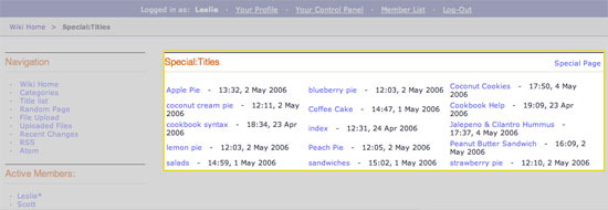 Displays all the titles in the wiki.