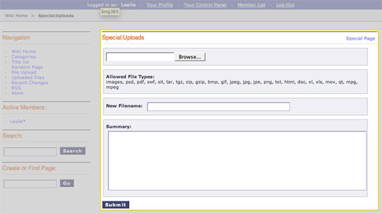 Displays the wiki's upload form.